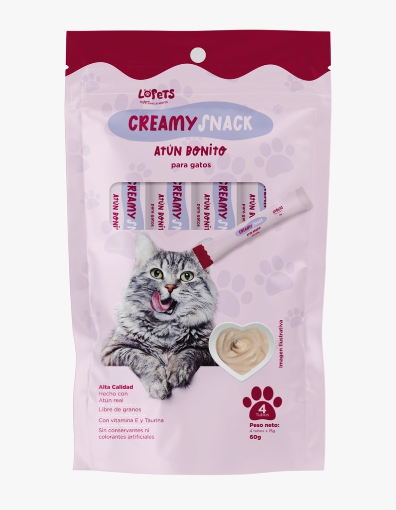 LOPETS CREAMY SNACK ATUN BONITO PARA GATOS X 60G X (4UND)