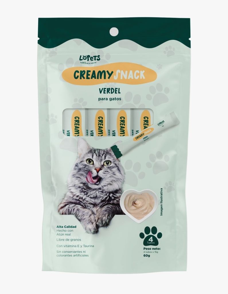 [PH-COM0007] LOPETS CREAMY SNACK VERDEL PARA GATOS X 60G X (4UND)